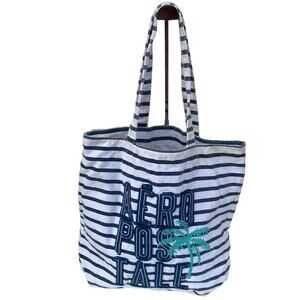 Aeropostale Women Blue White Cotton Stripes Double Strap Tote Shoulder Bag